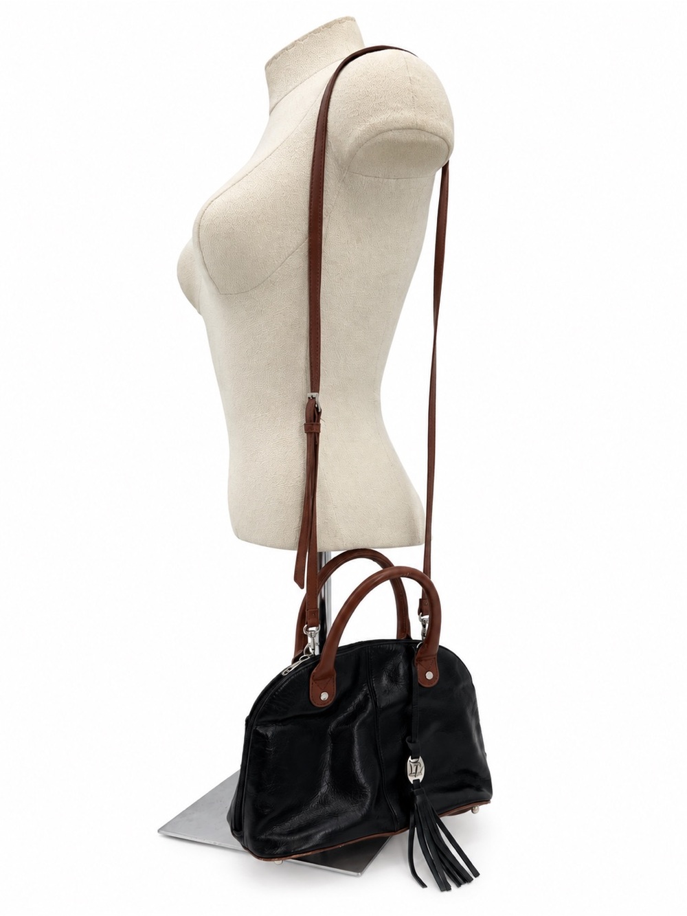 Tignanello Black Brown Genuine Leather Satchel Crossbody Bag Tassel Purse